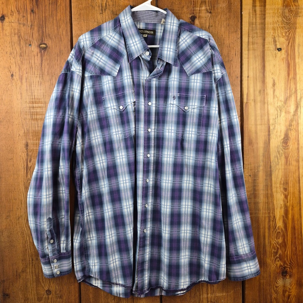 Stetson Mens 3XL Purple Blue Plaid Long Sleeve Western Pearl Snap Shirt